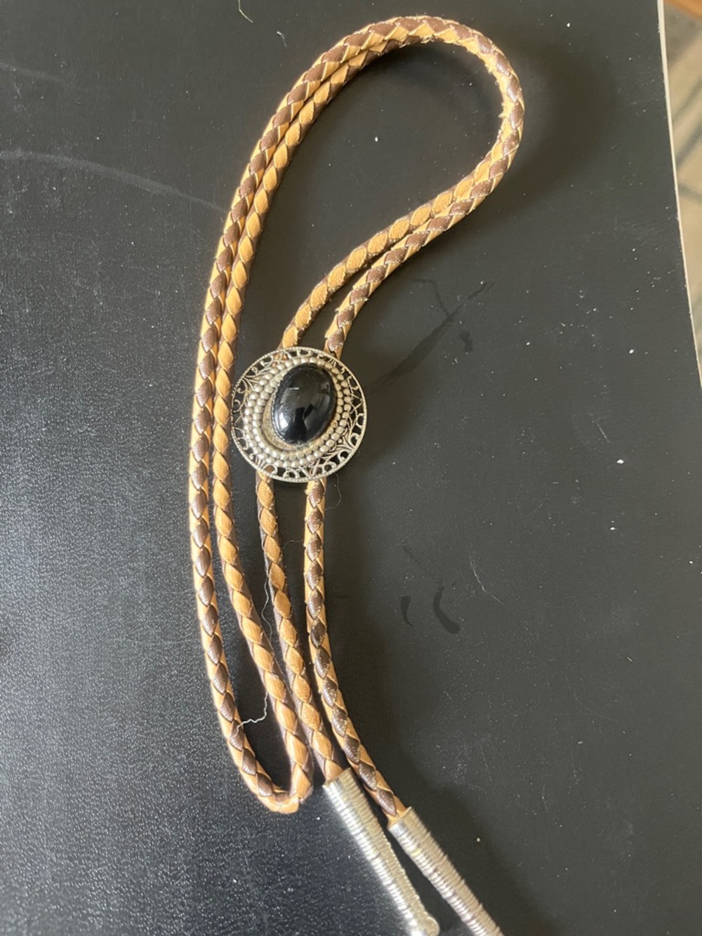 Western Bolo Tie with Black Stone and Braided Brown Leather